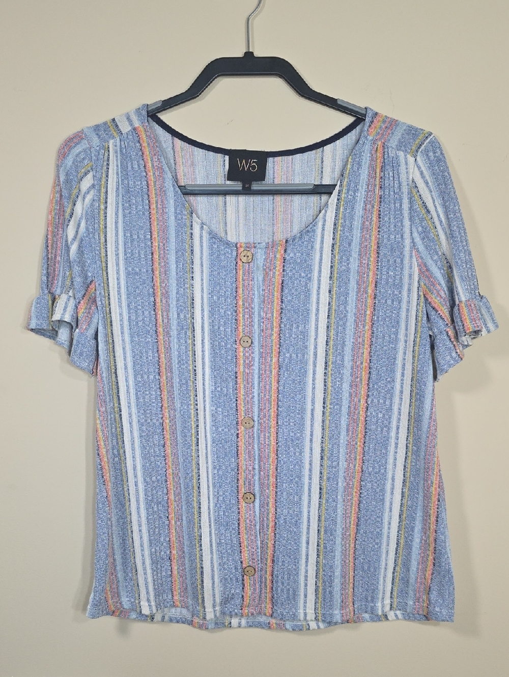 W5 Striped Top Size M | Blue Multicolor Faux Button Front Boho Lightweight
